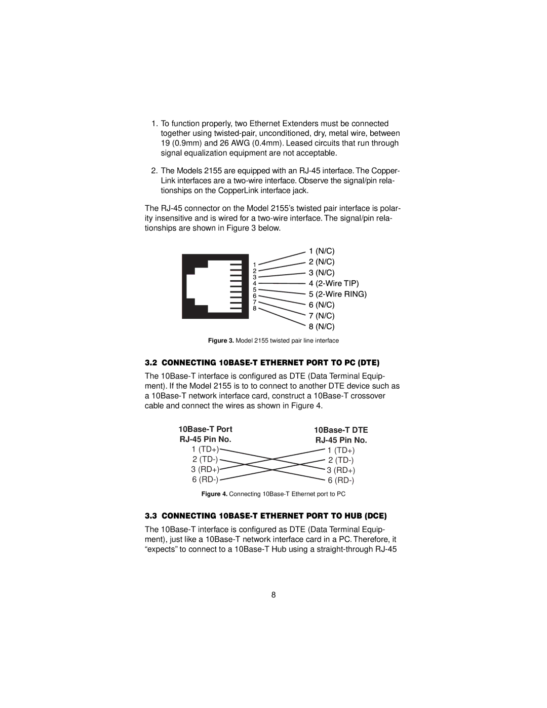 Patton electronic 2155 user manual Connecting 10BASE-T Ethernet Port to PC DTE, 10Base-T Port 10Base-T DTE RJ-45 Pin No TD+ 