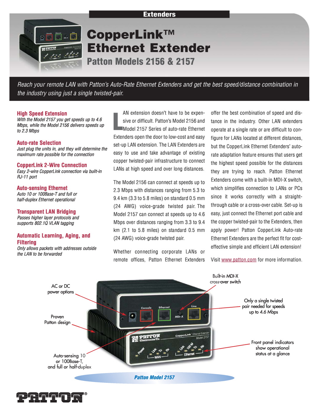 Patton electronic 2156 & 2157 manual CopperLink Ethernet Extender, Patton Models 2156, Extenders, High Speed Extension 