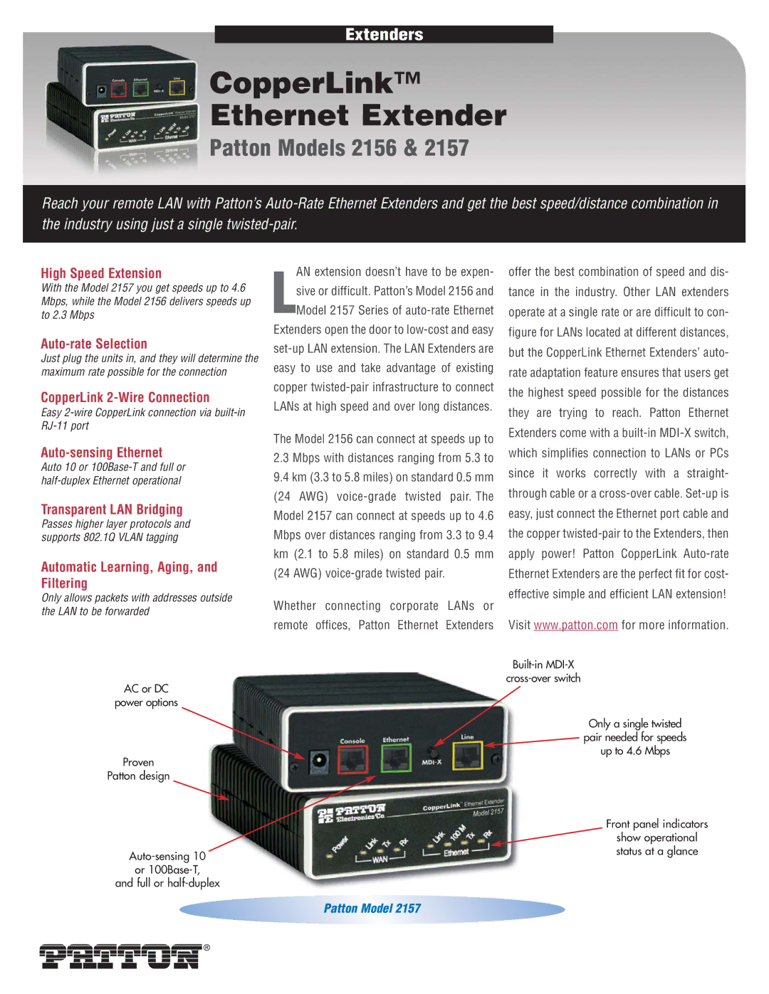 Patton electronic 2156 & 2157 manual High Speed Extension, Auto-rate Selection, CopperLink 2-Wire Connection 