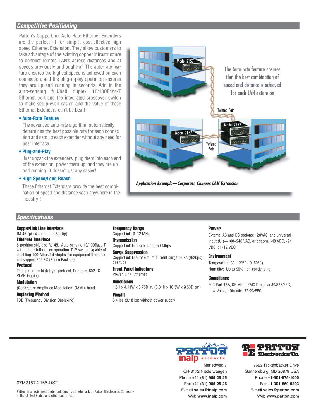 Patton electronic 2156 & 2157 manual Competitive Positioning, Specifications, Auto-Rate Feature, Plug-and-Play 