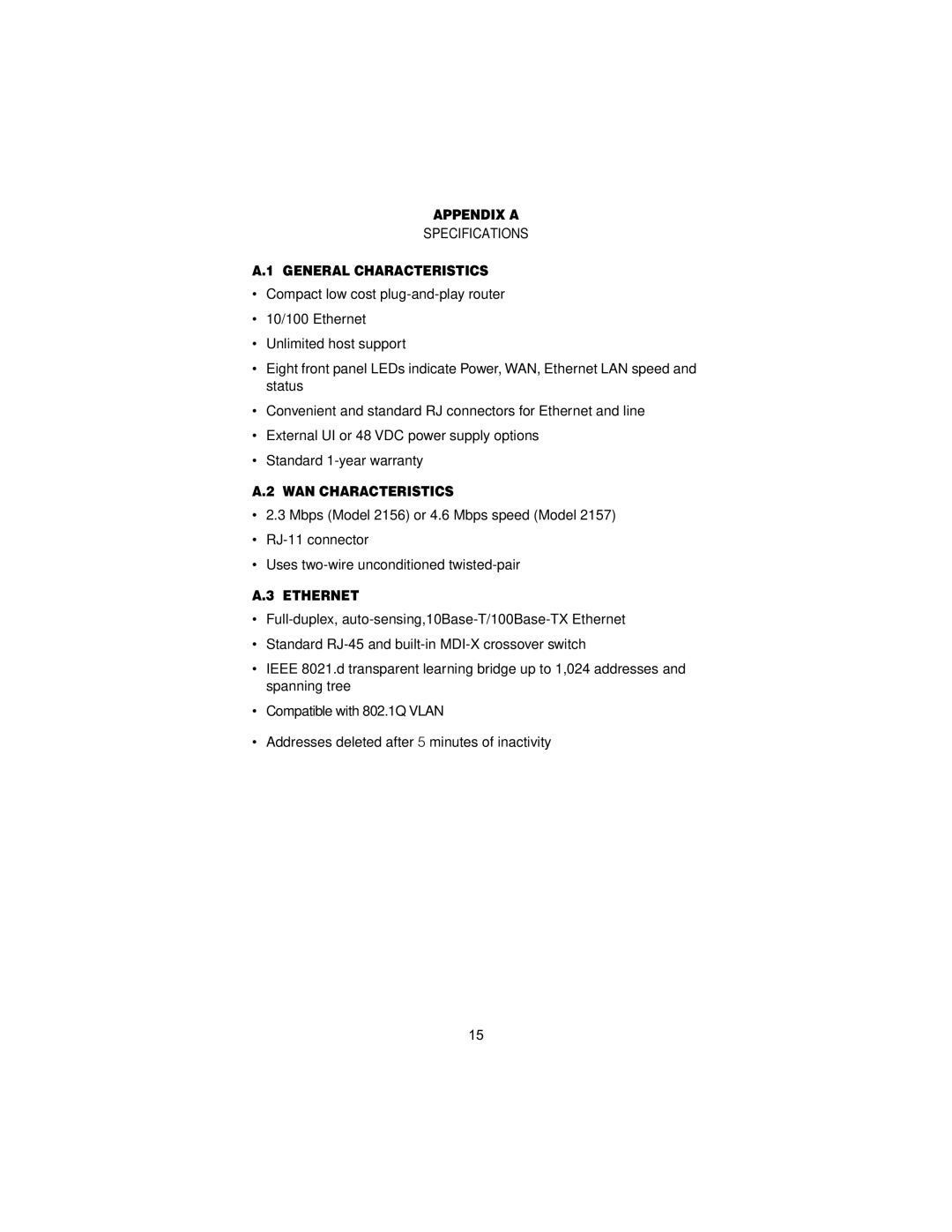 Patton electronic 2156, 2157 user manual Appendix a, General Characteristics, WAN Characteristics, Ethernet 