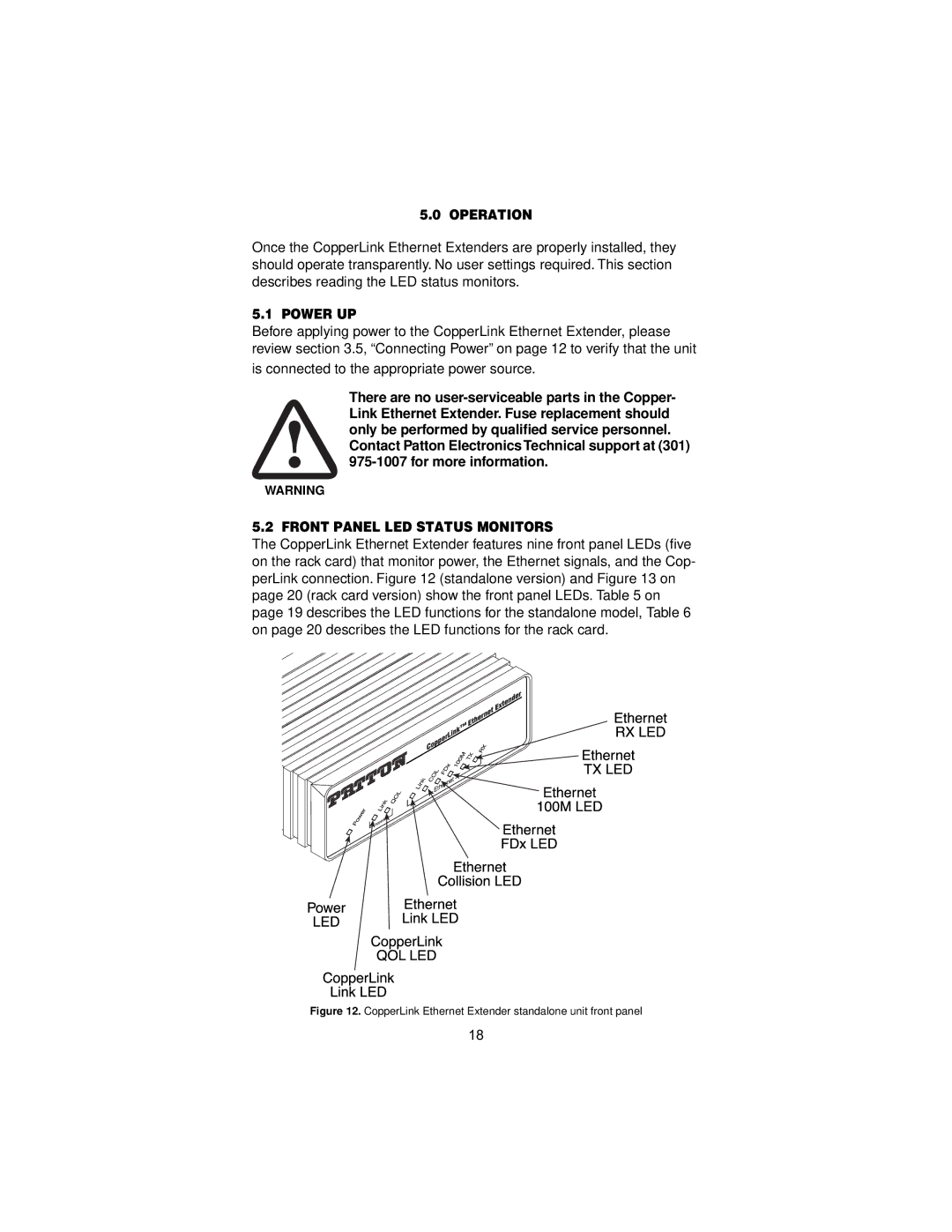 Patton electronic 2158 user manual Operation, Power UP, Front Panel LED Status Monitors 