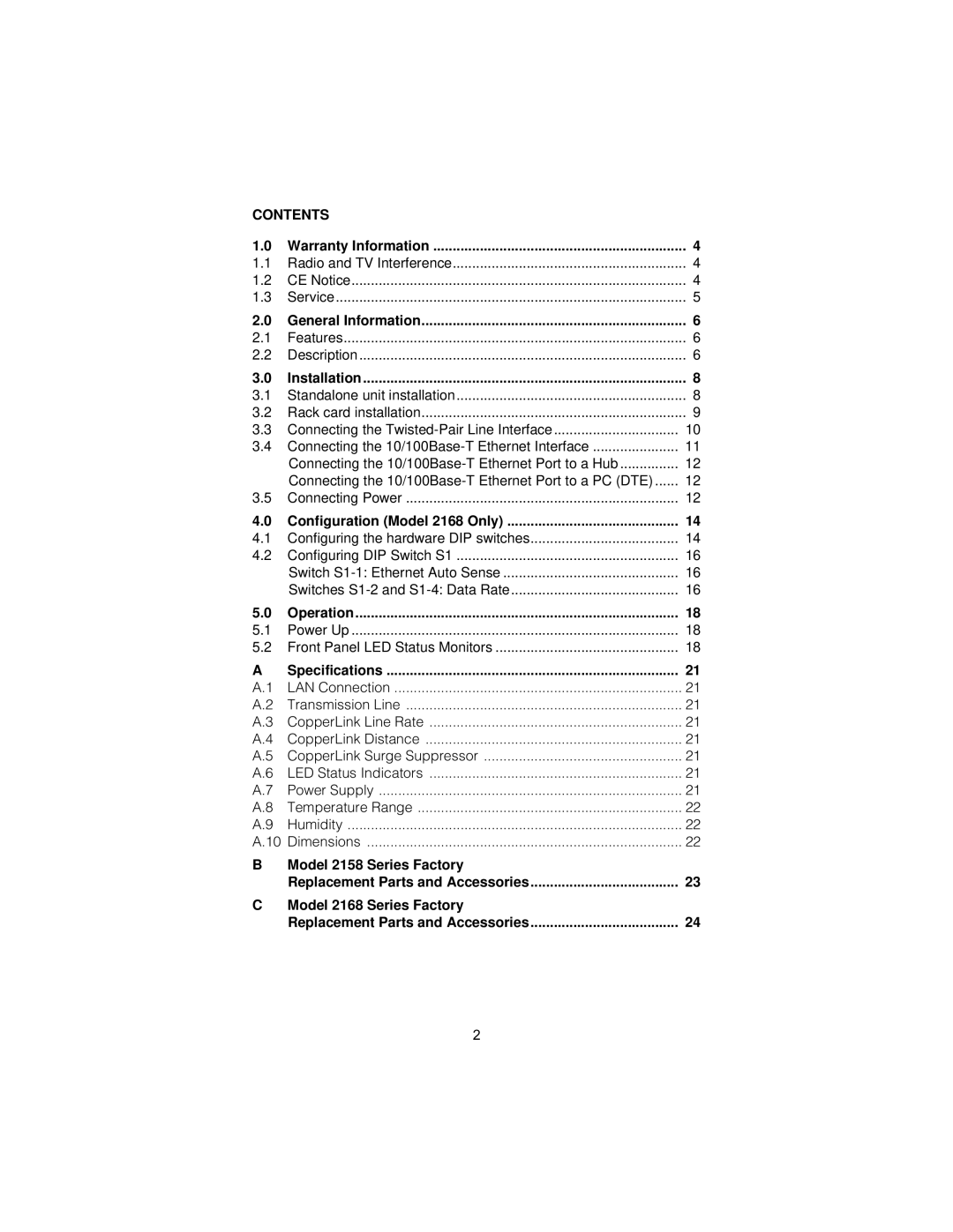 Patton electronic 2158 user manual Contents 