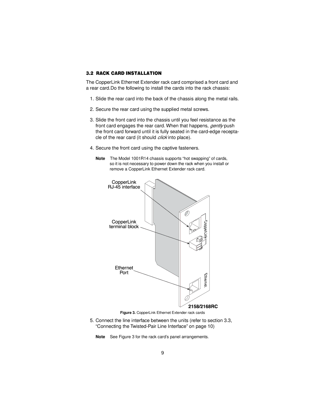 Patton electronic 2158 user manual Rack Card Installation, CopperLink Ethernet Extender rack cards 