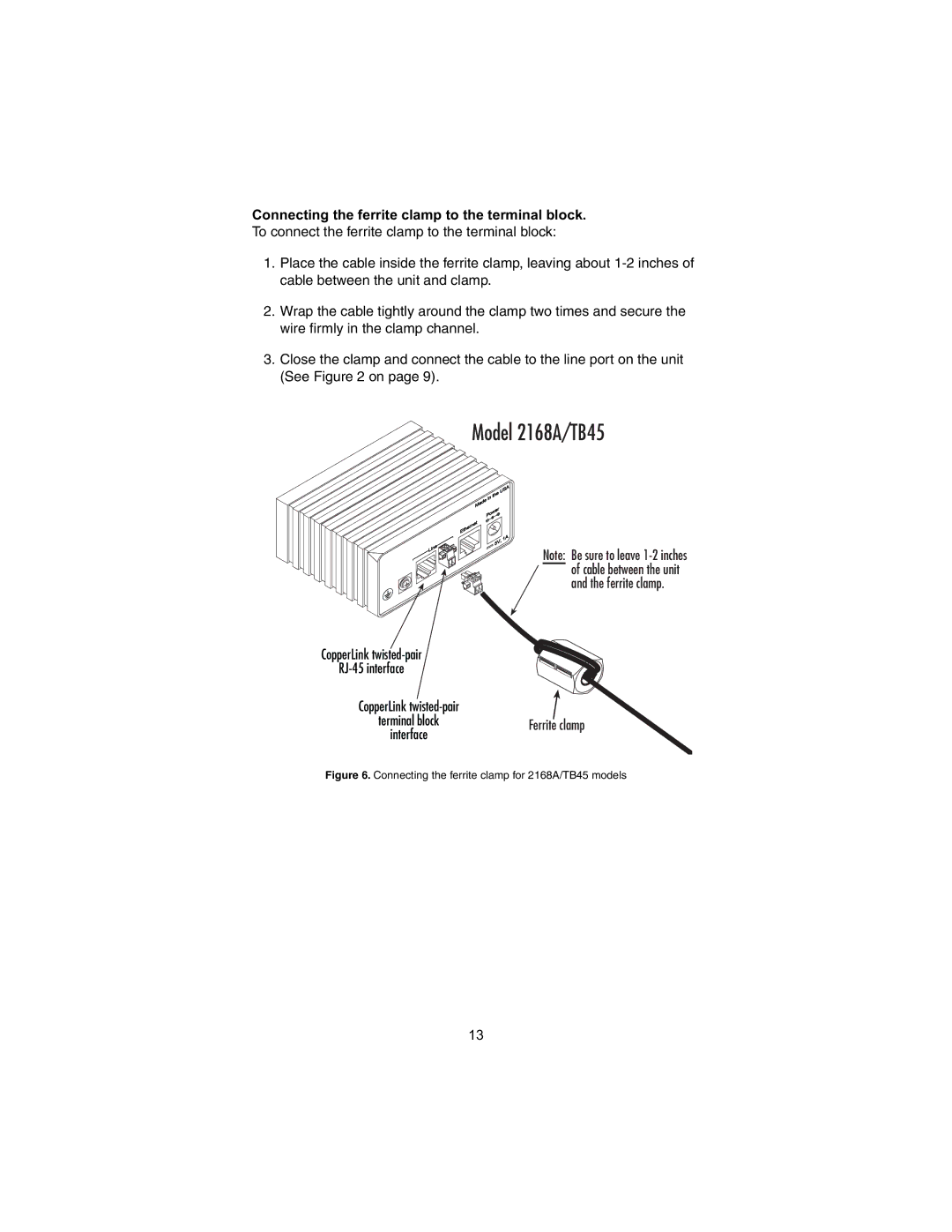 Patton electronic 2158A user manual Model 2168A/TB45, Connecting the ferrite clamp to the terminal block 