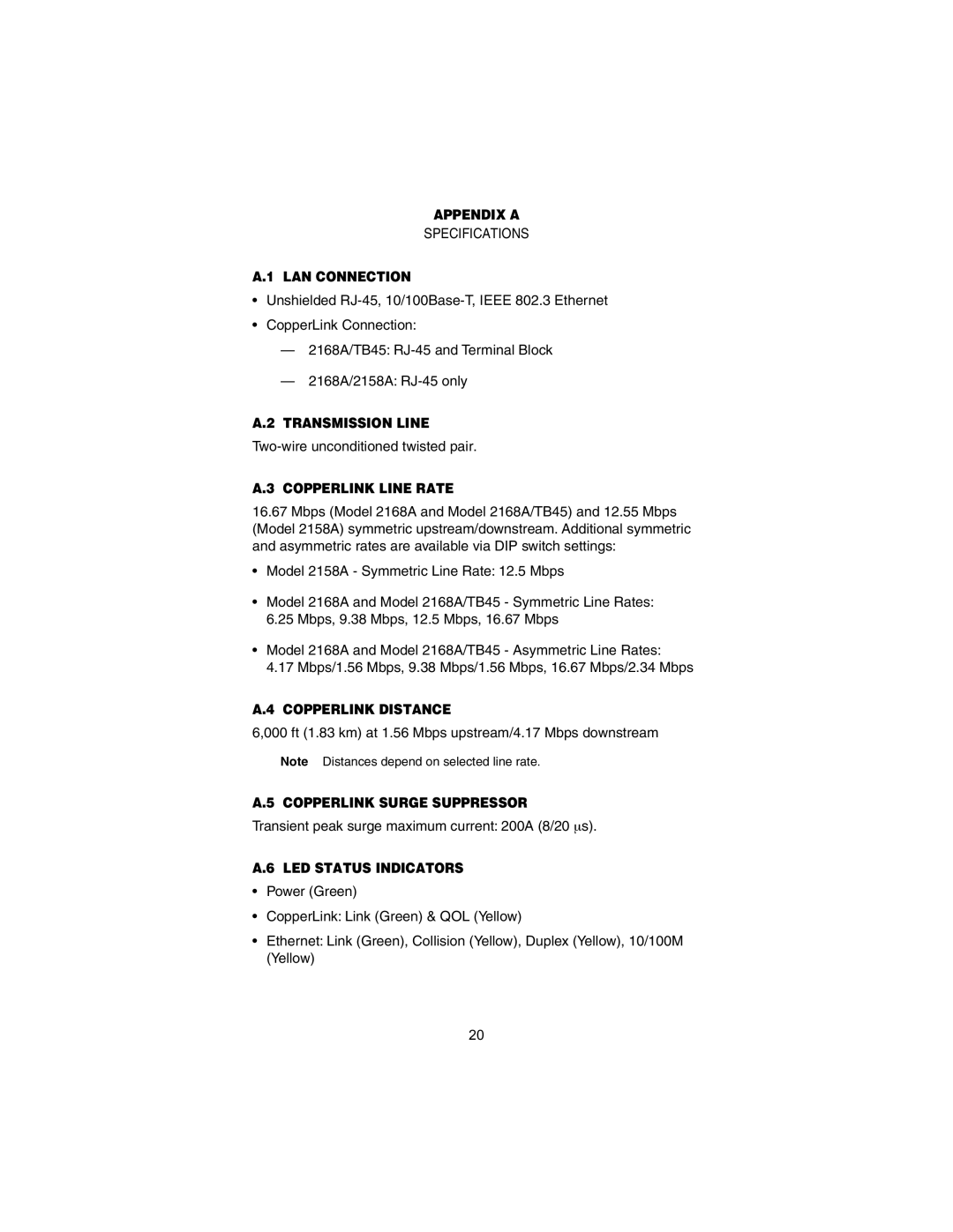 Patton electronic 2158A, 2168A Appendix a, LAN Connection, Transmission Line, Copperlink Line Rate, Copperlink Distance 