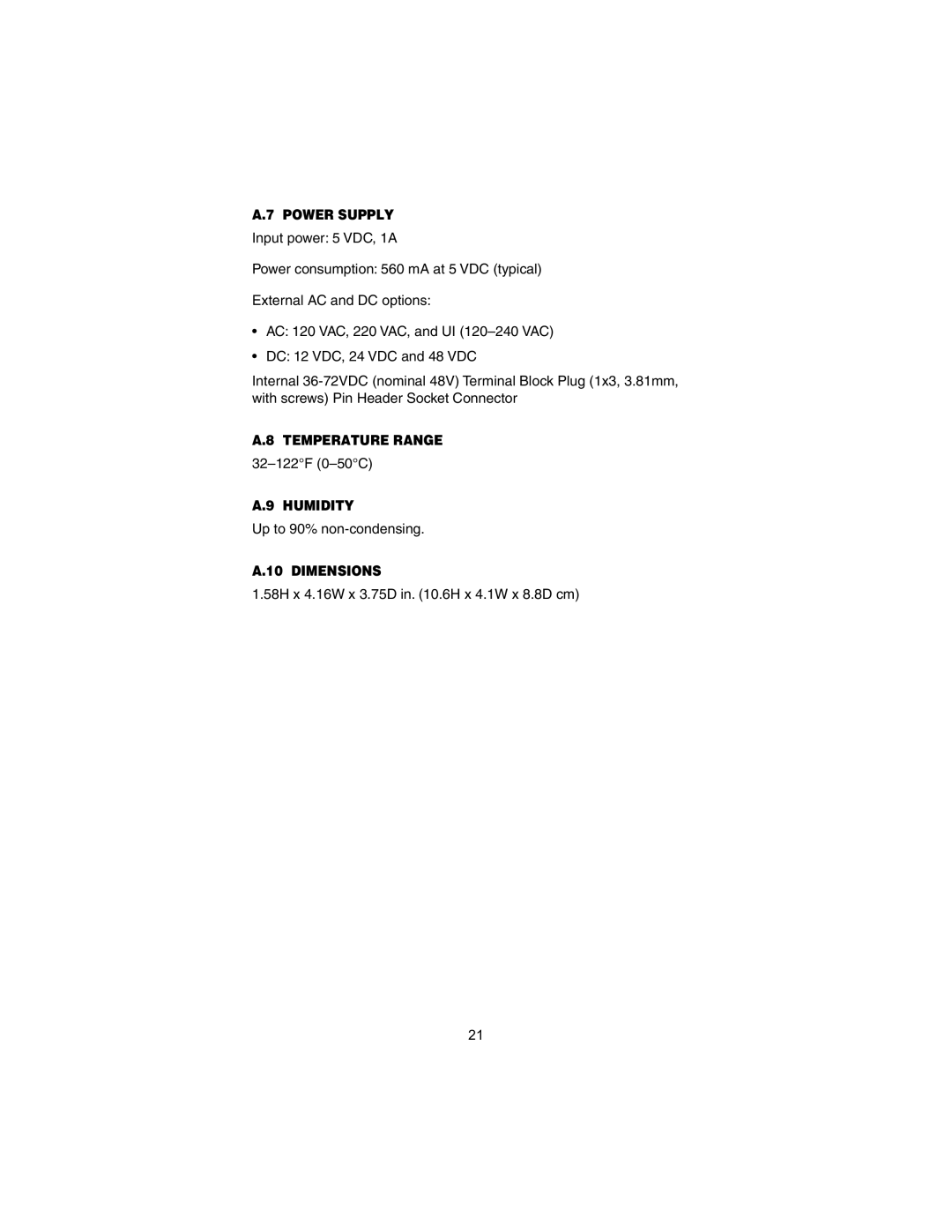 Patton electronic 2168A, 2158A user manual Power Supply, Temperature Range, Humidity, Dimensions 