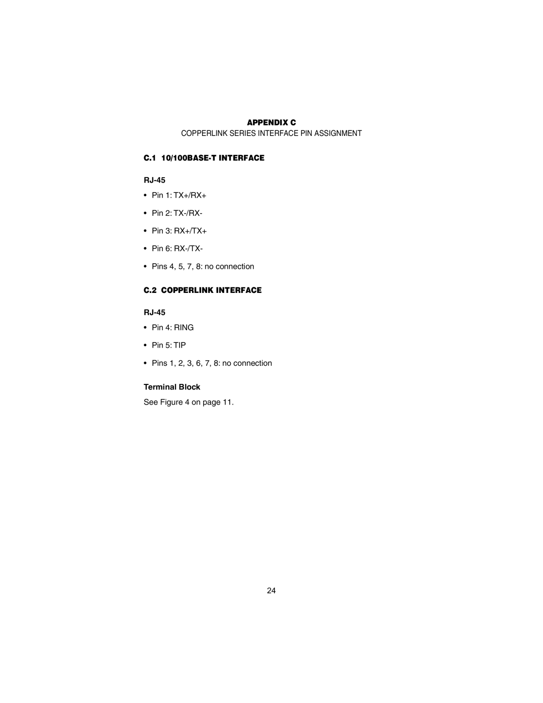 Patton electronic 2158A, 2168A user manual Appendix C, 10/100BASE-T Interface, RJ-45, Copperlink Interface, Terminal Block 