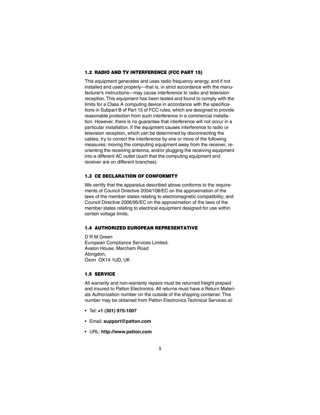 Patton electronic 2168A, 2158A user manual Radio and TV Interference FCC Part, CE Declaration of Conformity, Service 