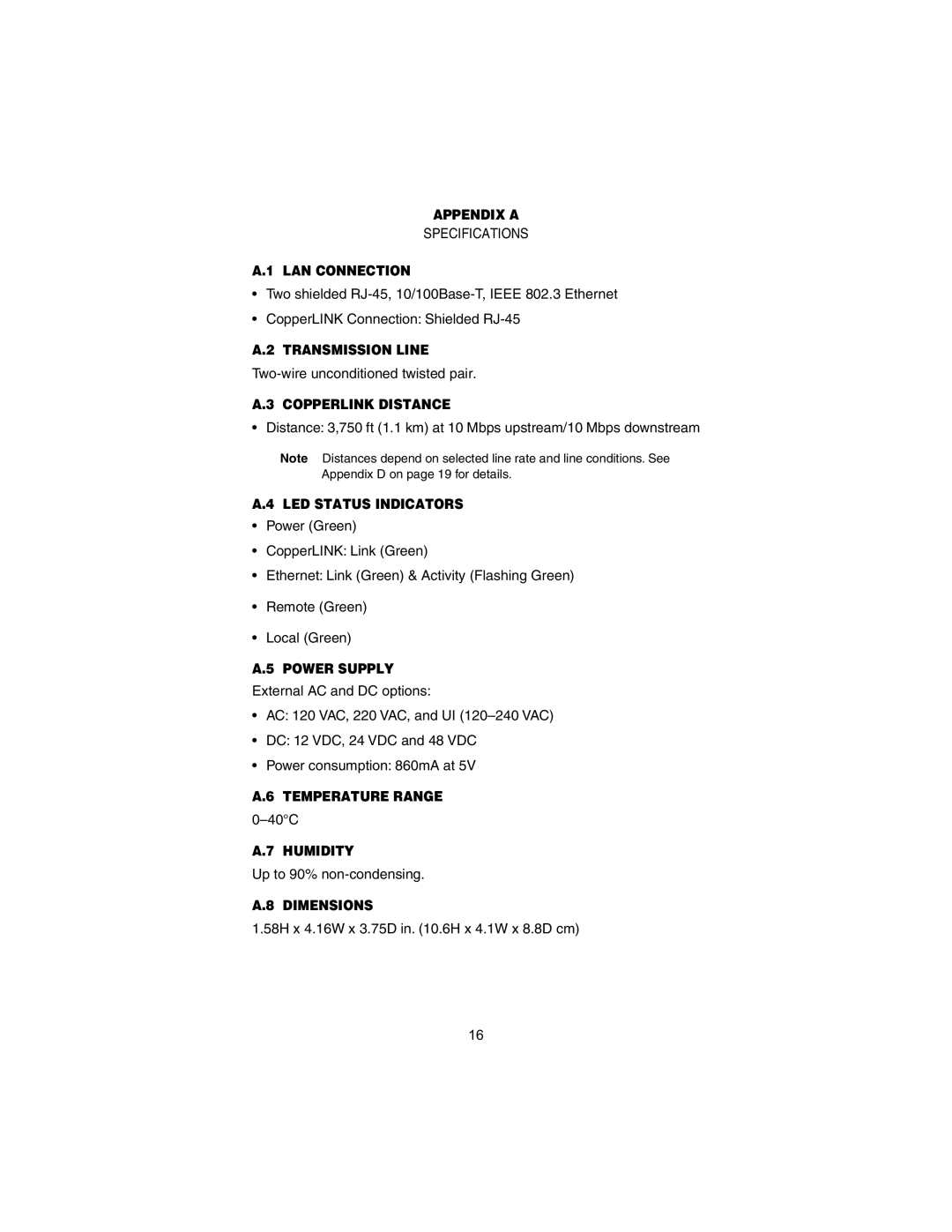 Patton electronic 2158B Appendix a, LAN Connection, Transmission Line, Copperlink Distance, LED Status Indicators 