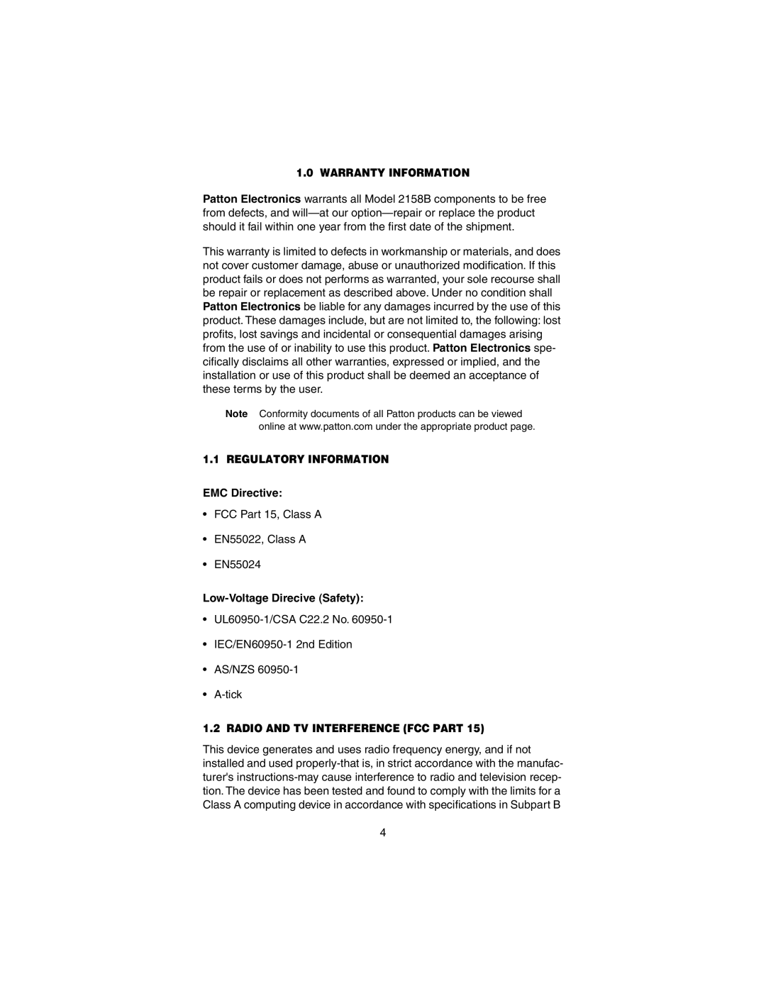 Patton electronic 2158B user manual Warranty Information, Regulatory Information, Radio and TV Interference FCC Part 