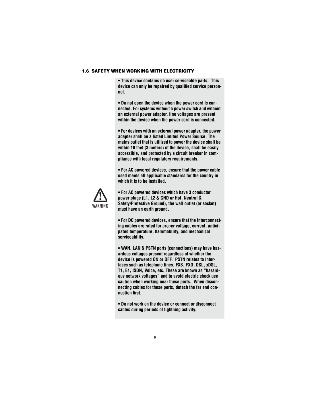 Patton electronic 2158B user manual Safety When Working with Electricity 