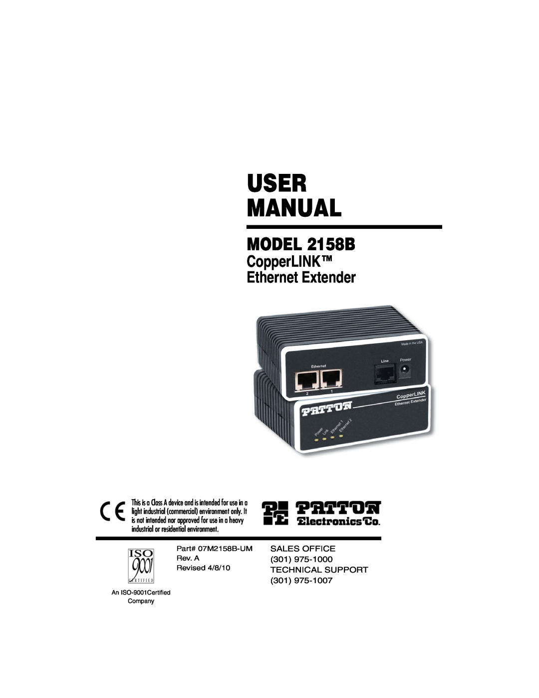 Patton electronic user manual User Manual, MODEL 2158B, CopperLINK Ethernet Extender, An ISO-9001Certiﬁed Company 