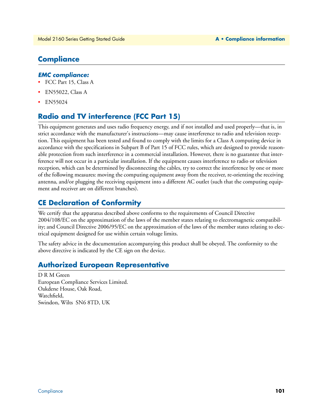 Patton electronic 07M2160-GS Compliance, Radio and TV interference FCC Part, CE Declaration of Conformity, EMC compliance 