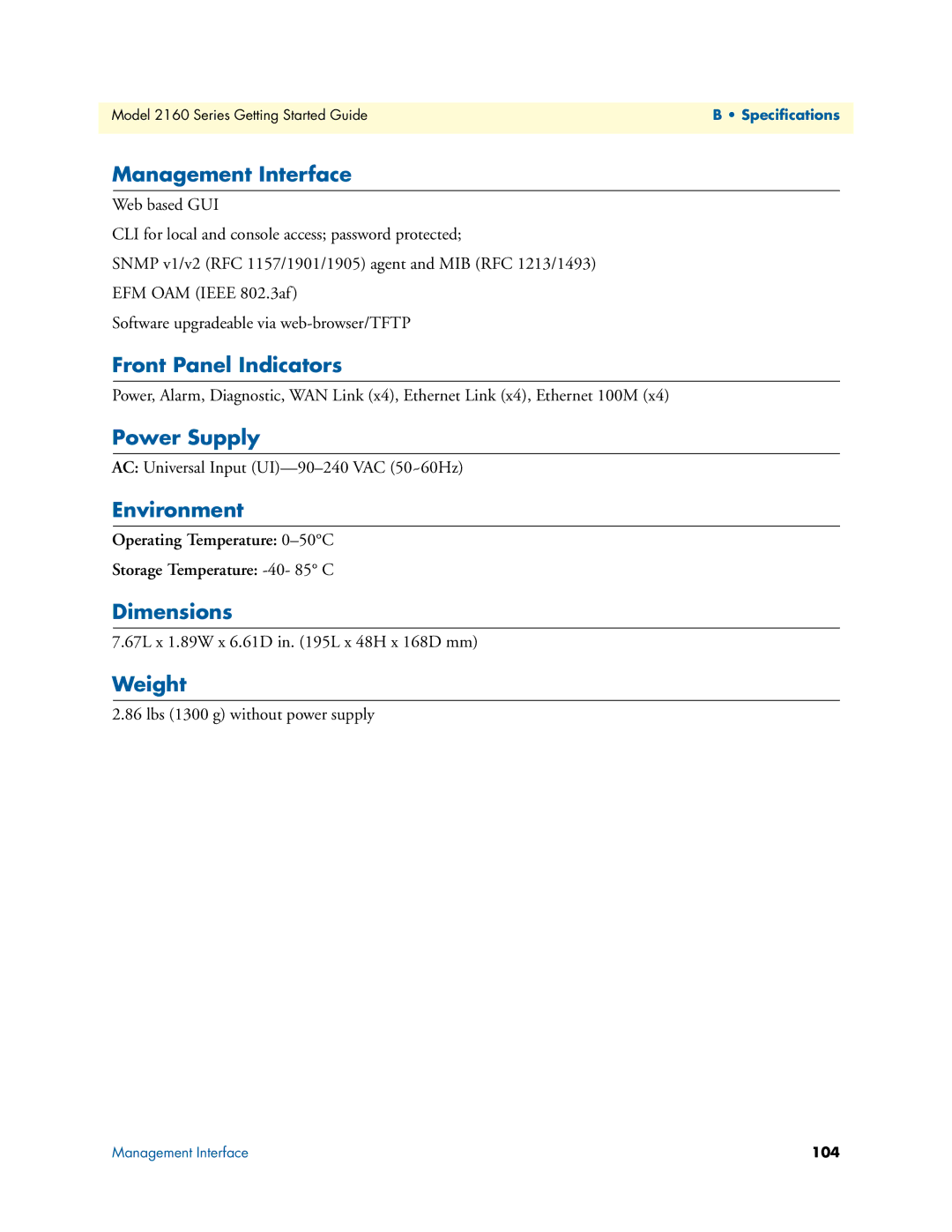 Patton electronic 2160 Series Management Interface, Front Panel Indicators, Power Supply, Environment, Dimensions, Weight 