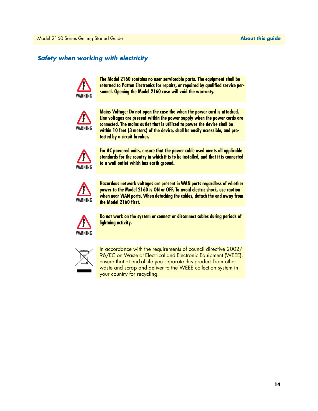 Patton electronic 2160 Series manual Safety when working with electricity, Tected by a circuit breaker, Model 2160 ﬁrst 