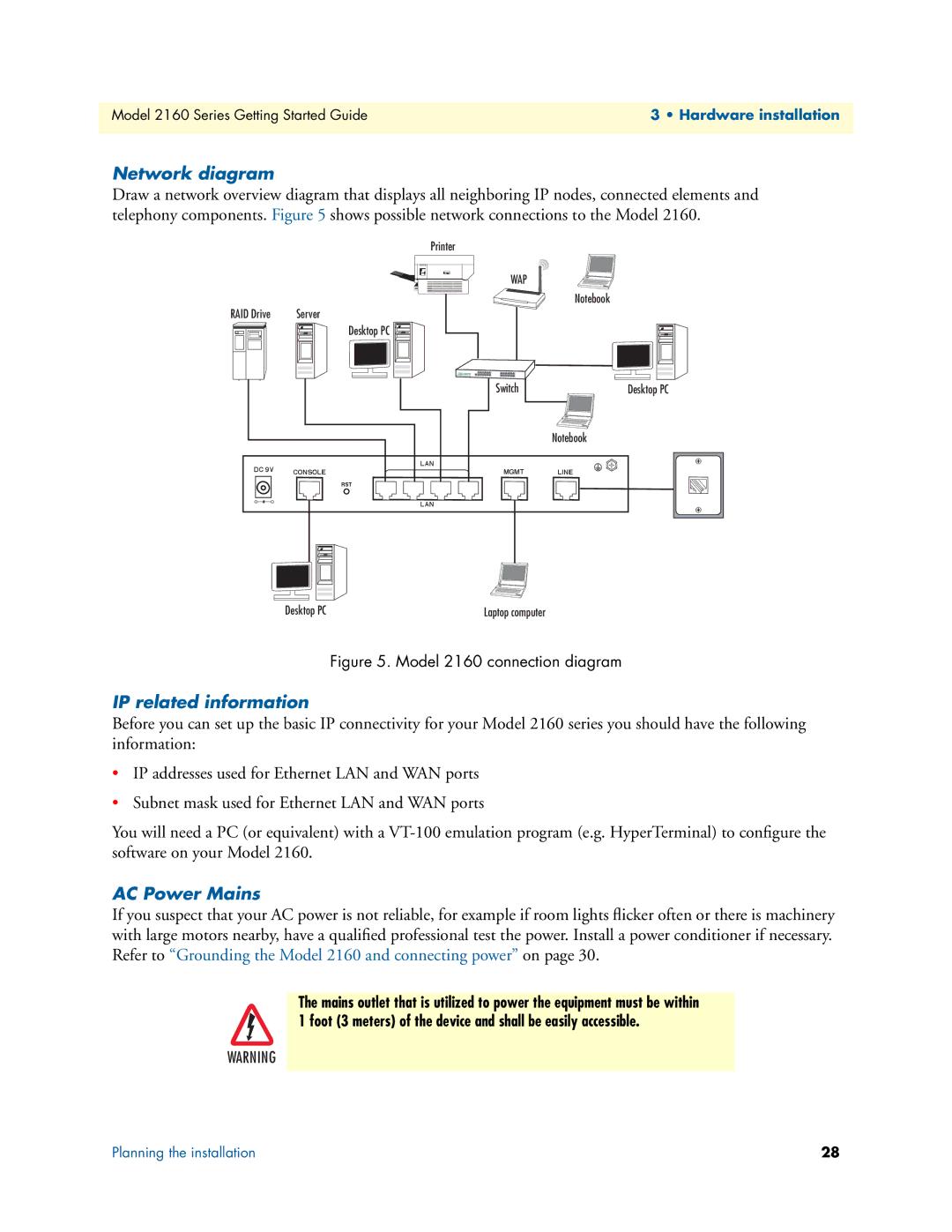 Patton electronic 2160 Series, 07M2160-GS manual Network diagram, IP related information, AC Power Mains 