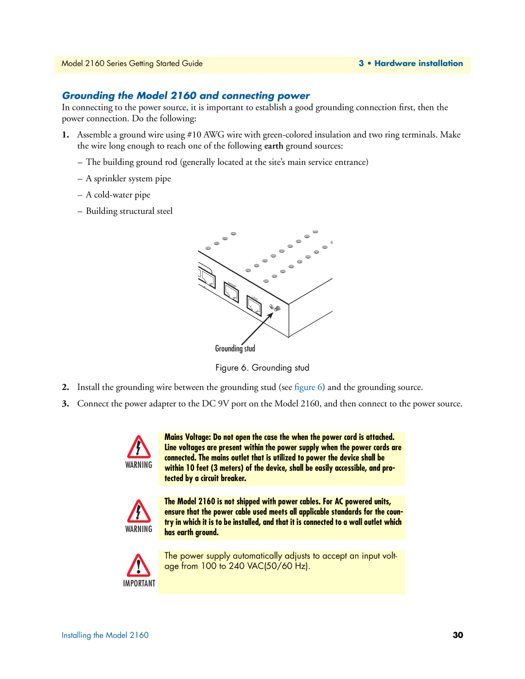 Patton electronic 2160 Series, 07M2160-GS manual Grounding the Model 2160 and connecting power, Grounding stud 