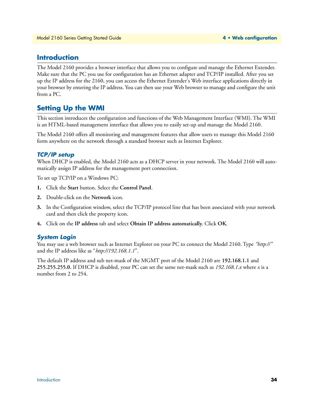 Patton electronic 2160 Series, 07M2160-GS manual Setting Up the WMI, TCP/IP setup, System Login 