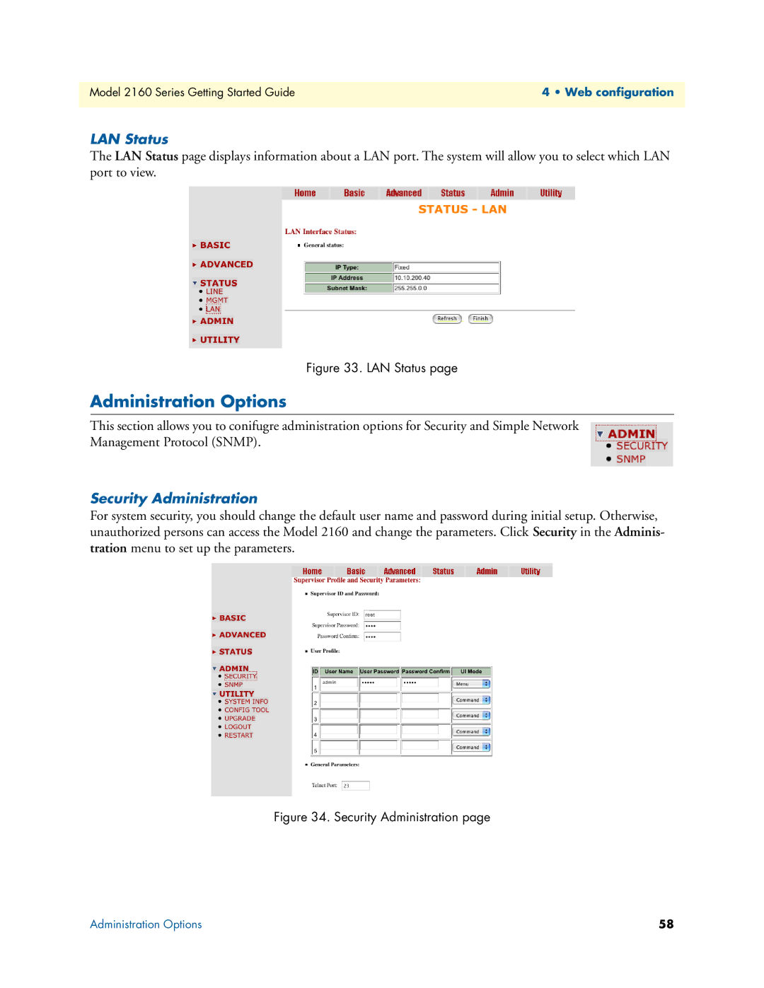 Patton electronic 2160 Series, 07M2160-GS manual Administration Options, LAN Status, Security Administration 