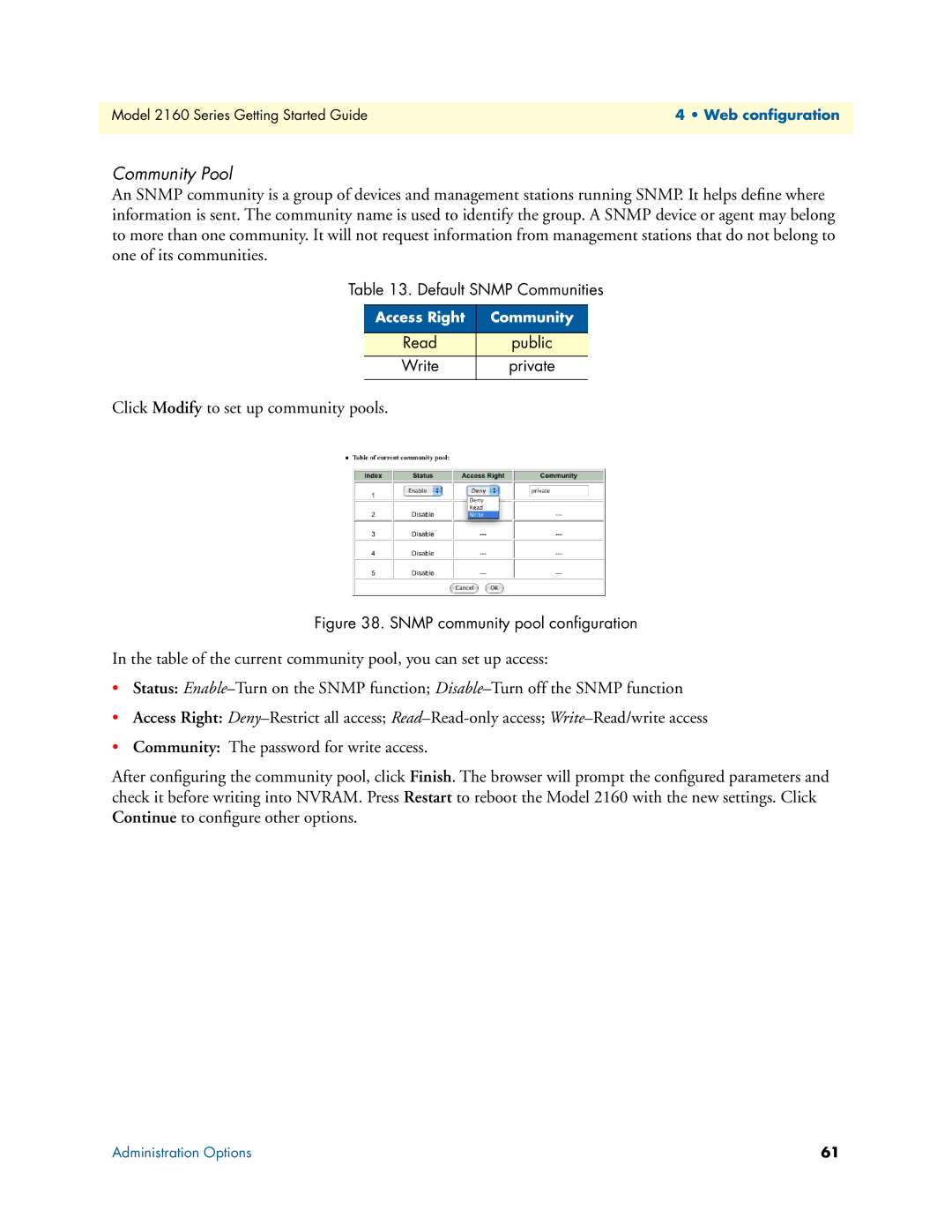 Patton electronic 07M2160-GS, 2160 Series manual Community Pool, Snmp community pool conﬁguration 