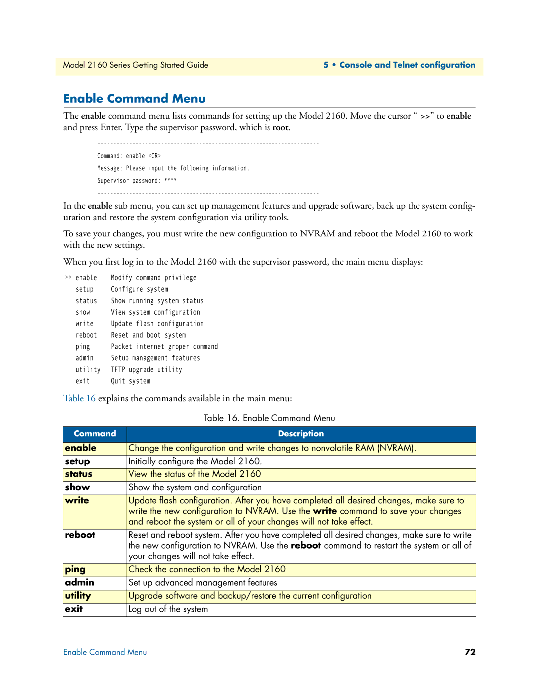 Patton electronic 2160 Series, 07M2160-GS manual Enable Command Menu 