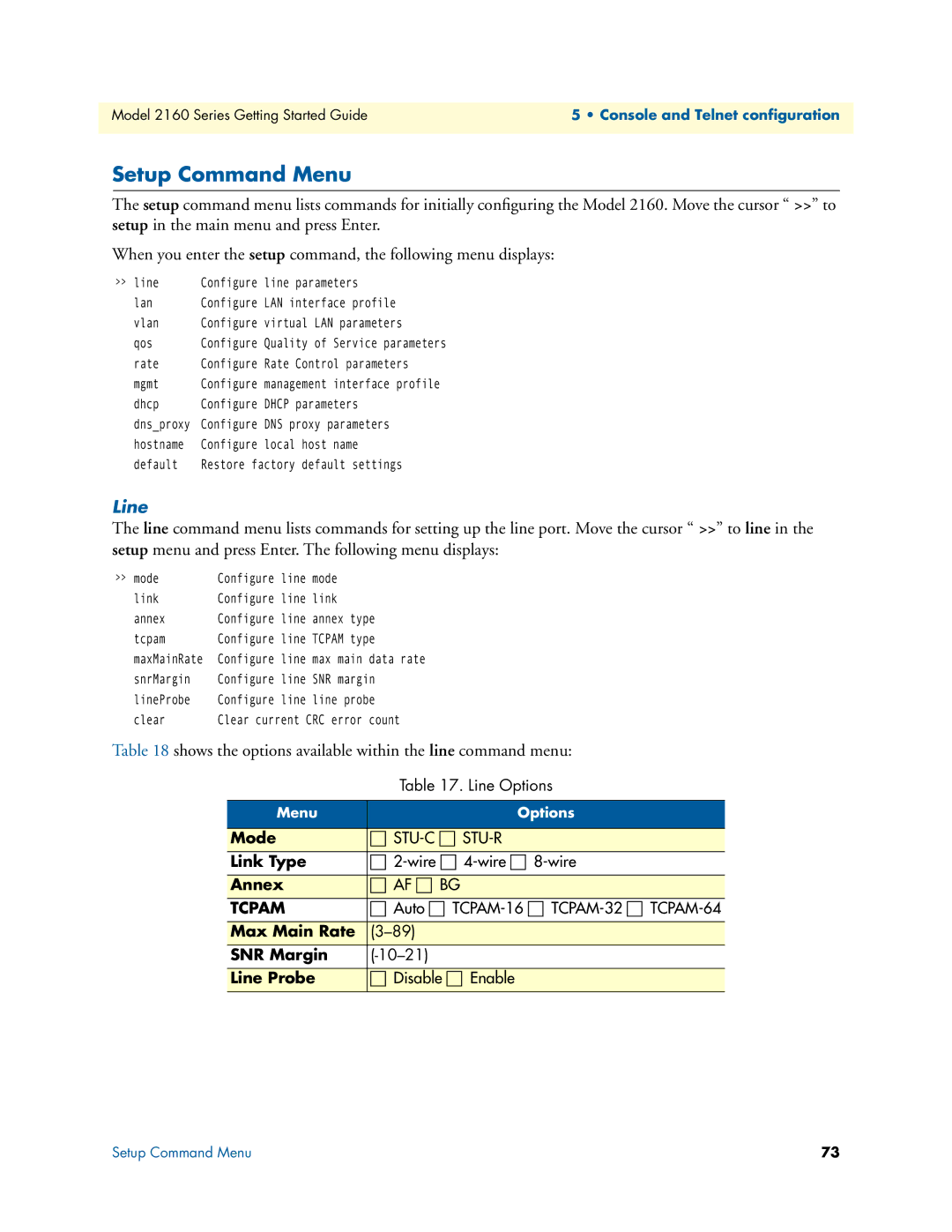 Patton electronic 07M2160-GS, 2160 Series manual Setup Command Menu, Line 