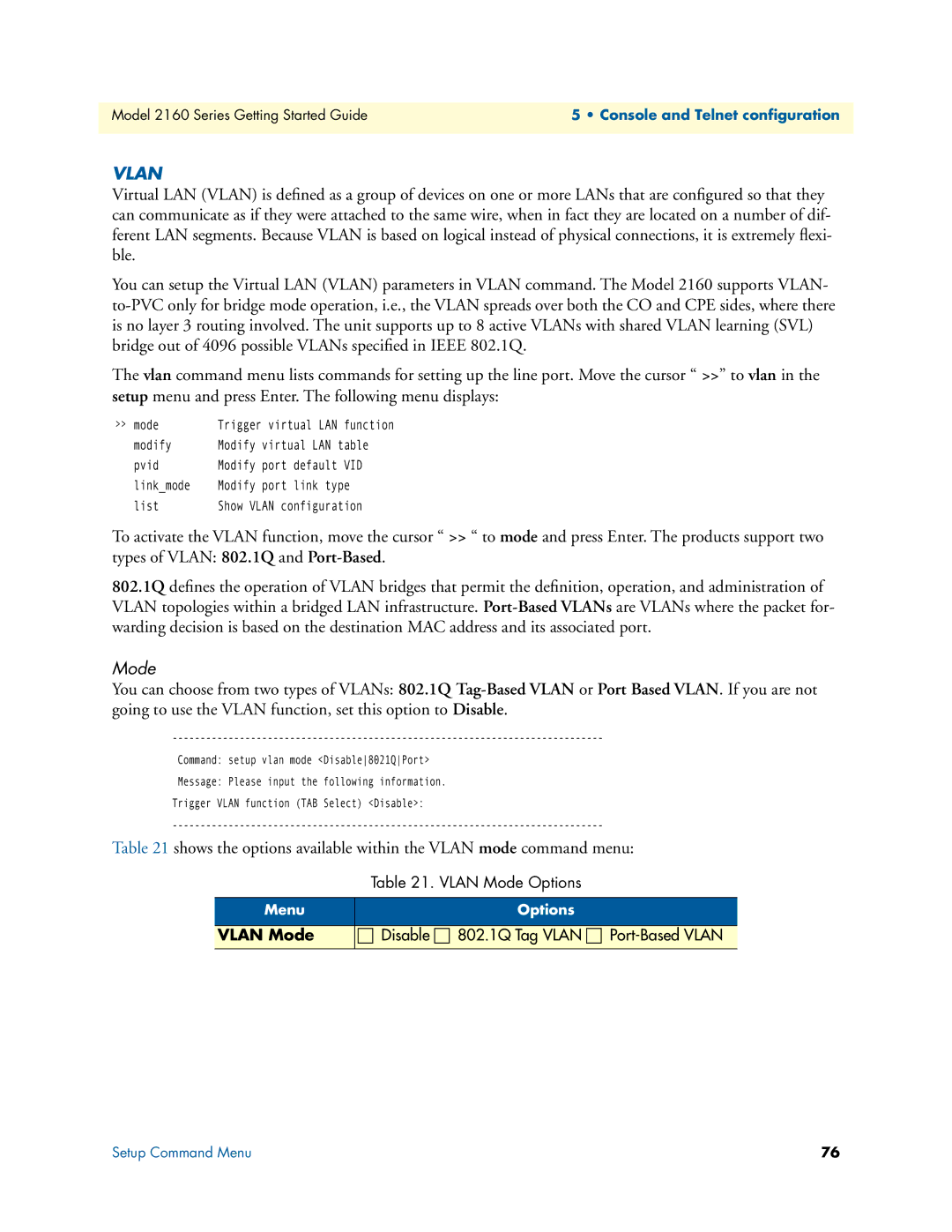 Patton electronic 2160 Series, 07M2160-GS manual Vlan Mode, Disable 802.1Q Tag Vlan Port-Based Vlan 