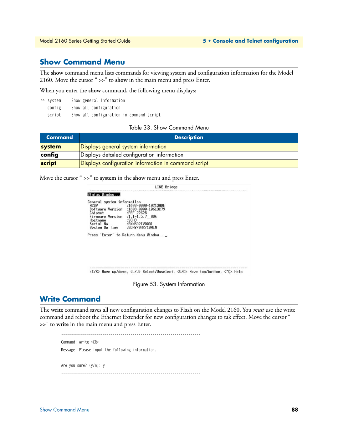 Patton electronic 2160 Series, 07M2160-GS manual Show Command Menu, Write Command, System, Conﬁg, Script 