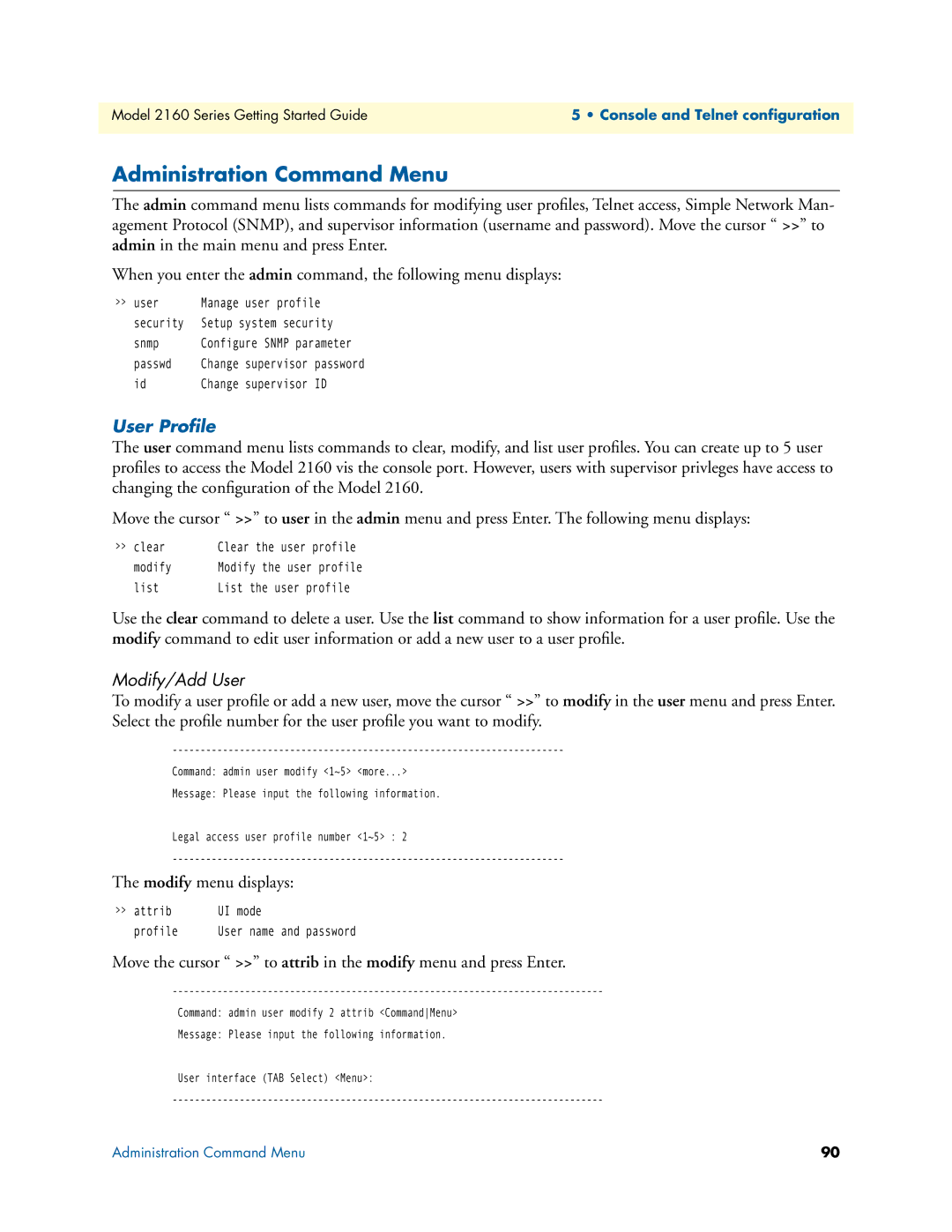 Patton electronic 2160 Series, 07M2160-GS manual Administration Command Menu, User Proﬁle, Modify/Add User 