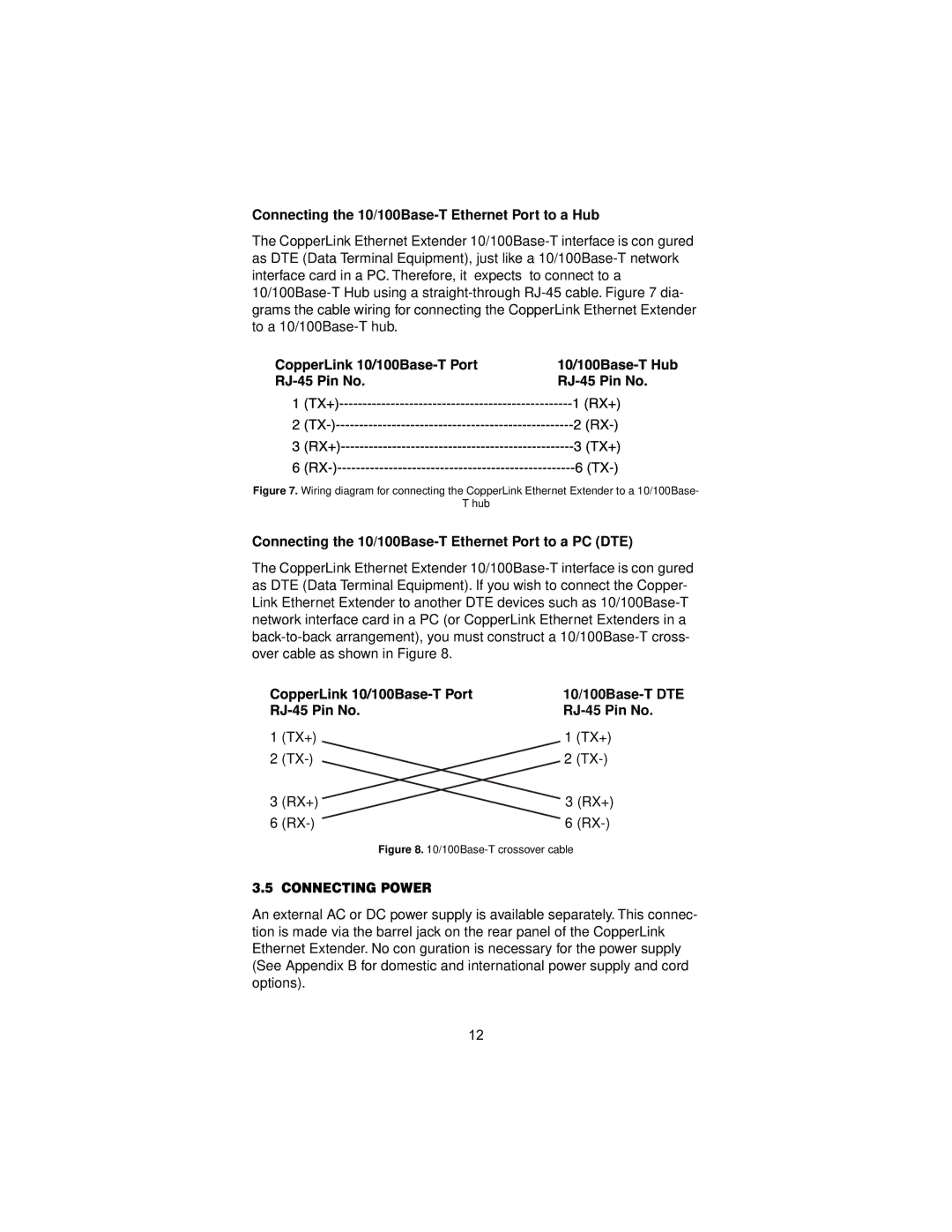 Patton electronic 2168 user manual Connecting the 10/100Base-T Ethernet Port to a Hub, Connecting Power 