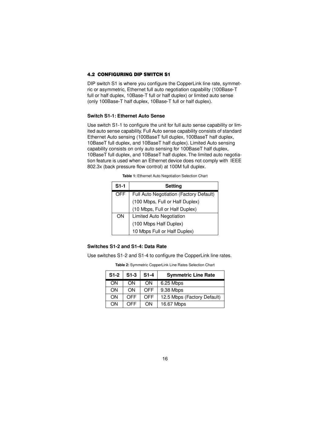 Patton electronic 2168 user manual Configuring DIP Switch S1, Switch S1-1 Ethernet Auto Sense 