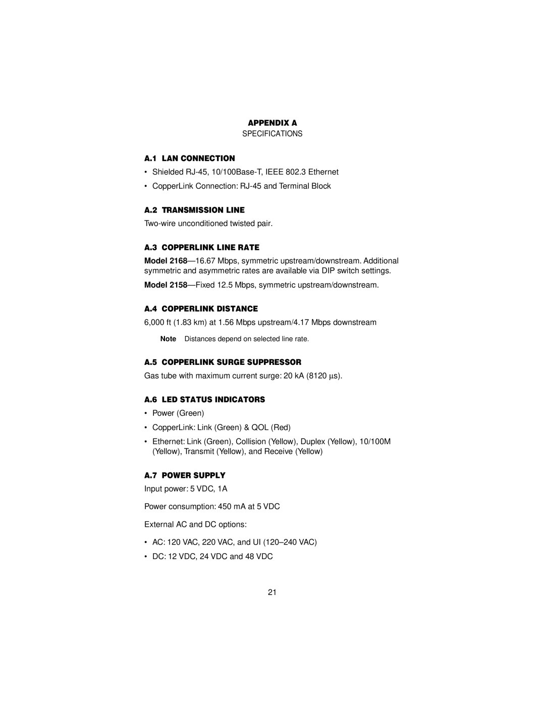 Patton electronic 2168 user manual Appendix a, LAN Connection, Transmission Line, Copperlink Line Rate, Copperlink Distance 