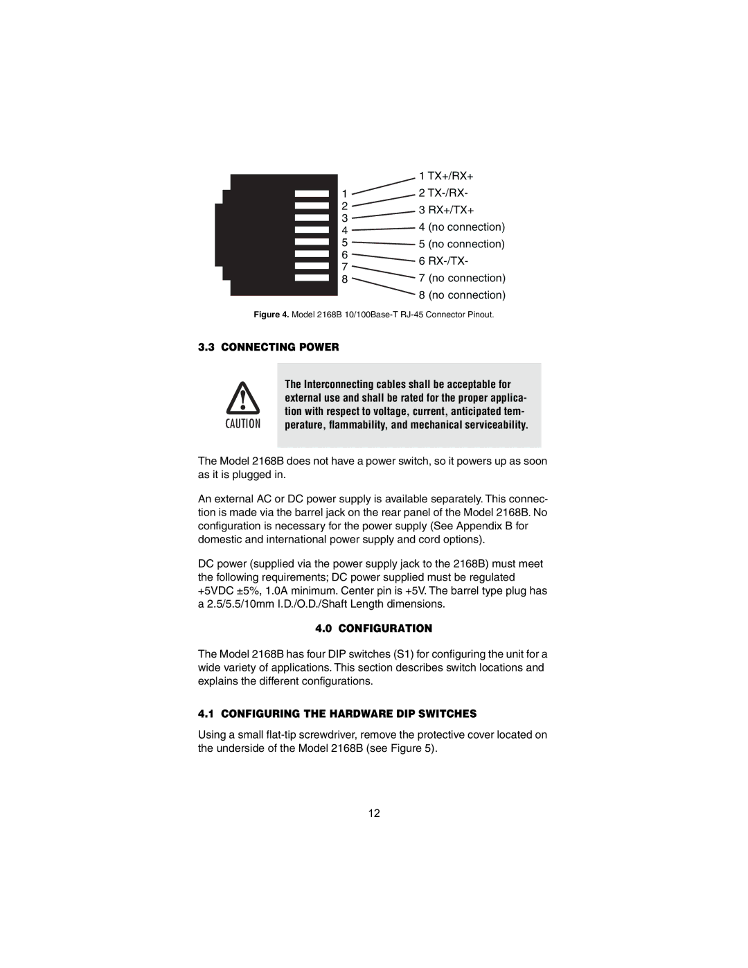 Patton electronic 2168B user manual Connecting Power, Configuration, Configuring the Hardware DIP Switches 