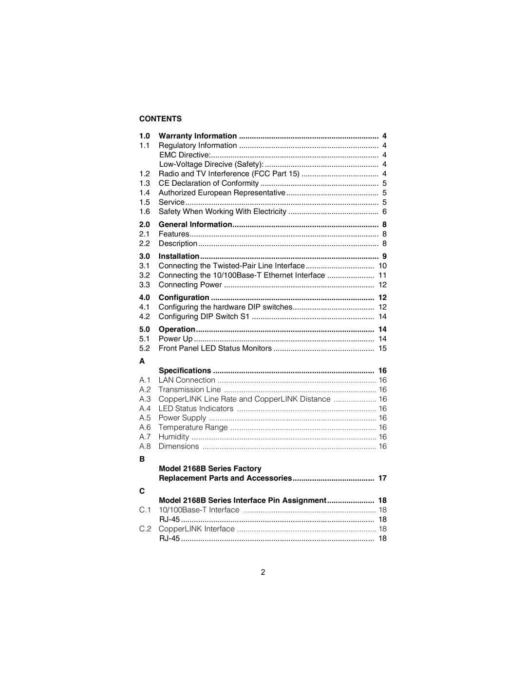 Patton electronic 2168B user manual Contents 