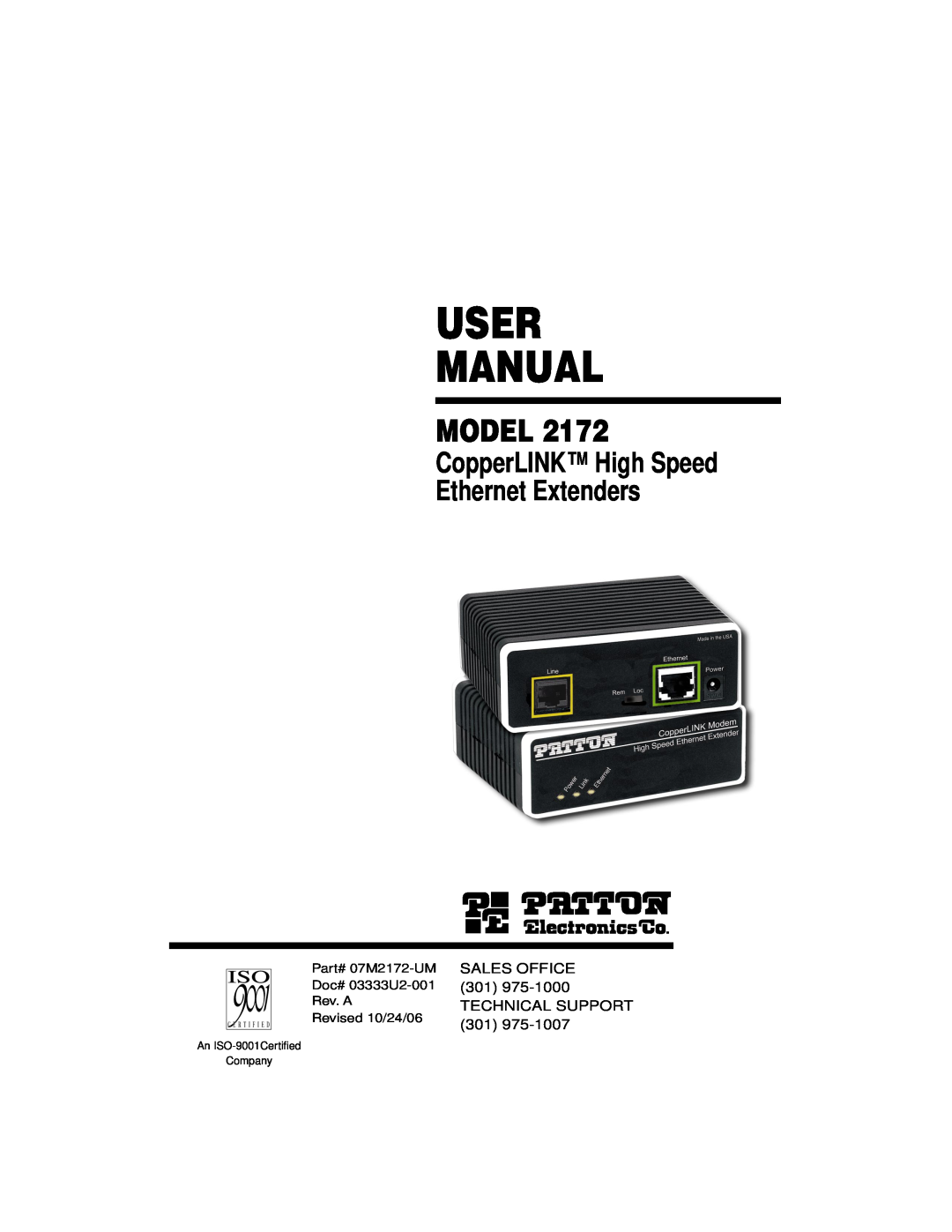 Patton electronic 2172 user manual User Manual, Model, CopperLINK High Speed Ethernet Extenders 