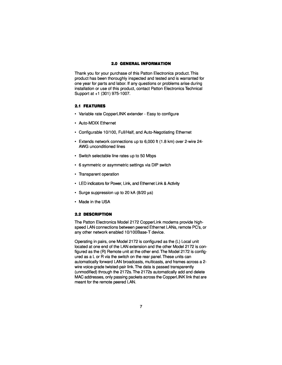 Patton electronic 2172 user manual General Information, Features, Description 