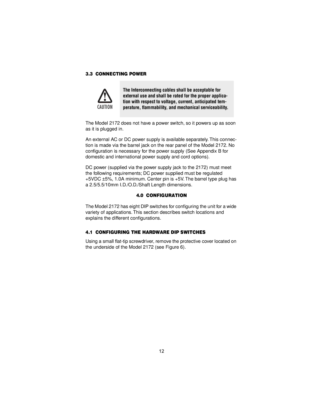 Patton electronic 2172 user manual Connecting Power, Configuration, Configuring the Hardware DIP Switches 