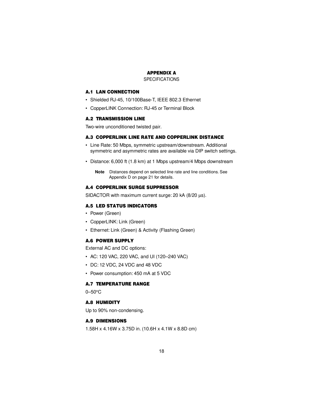 Patton electronic 2172 Appendix a, LAN Connection, Transmission Line, Copperlink Line Rate and Copperlink Distance 