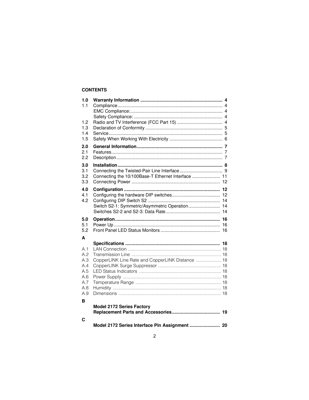 Patton electronic 2172 user manual Contents 