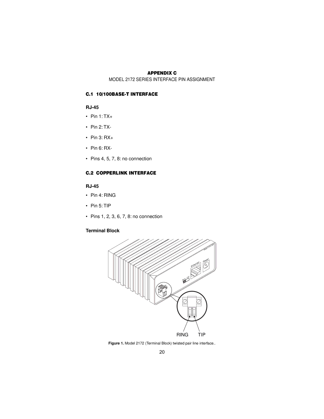 Patton electronic 2172 user manual Appendix C, 10/100BASE-T Interface, Copperlink Interface 