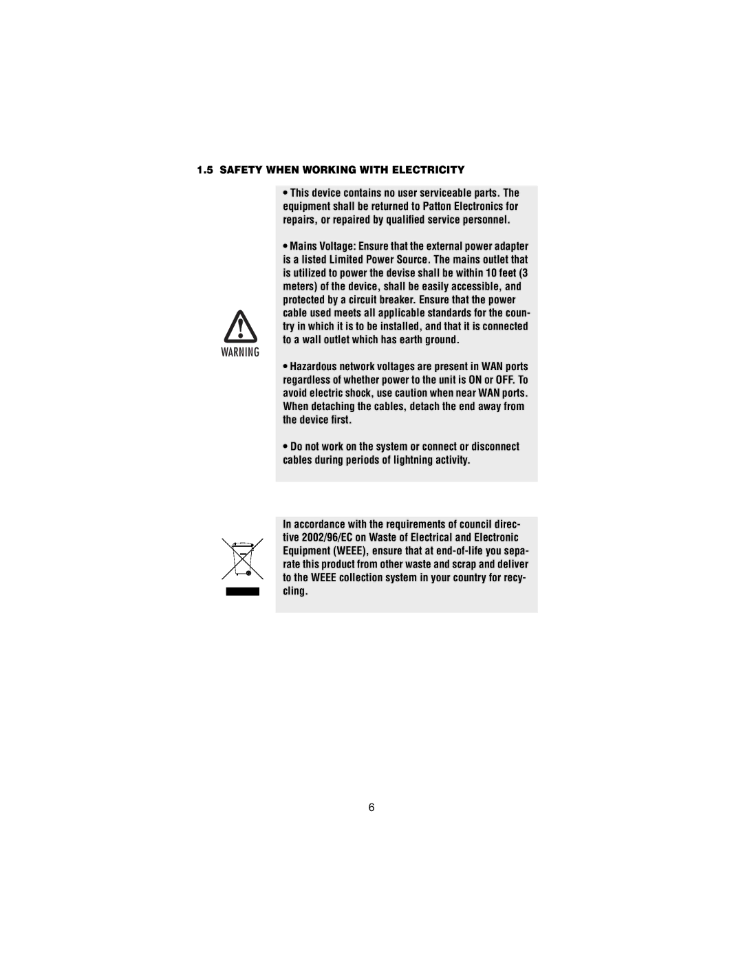 Patton electronic 2172 user manual Safety When Working with Electricity 