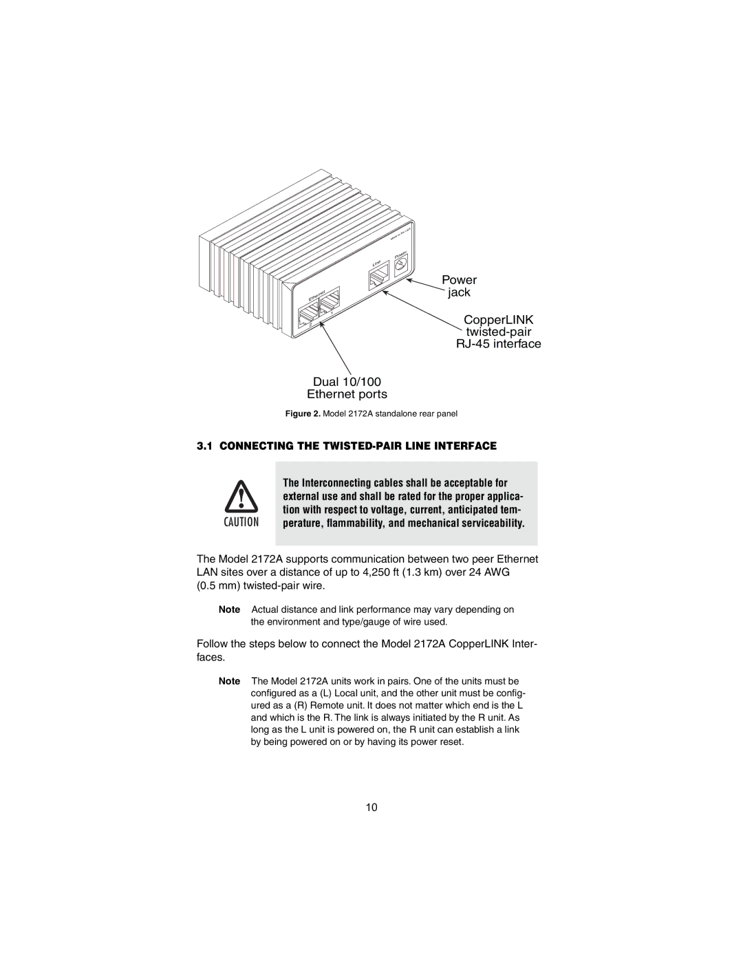 Patton electronic user manual Connecting the TWISTED-PAIR Line Interface, Model 2172A standalone rear panel 