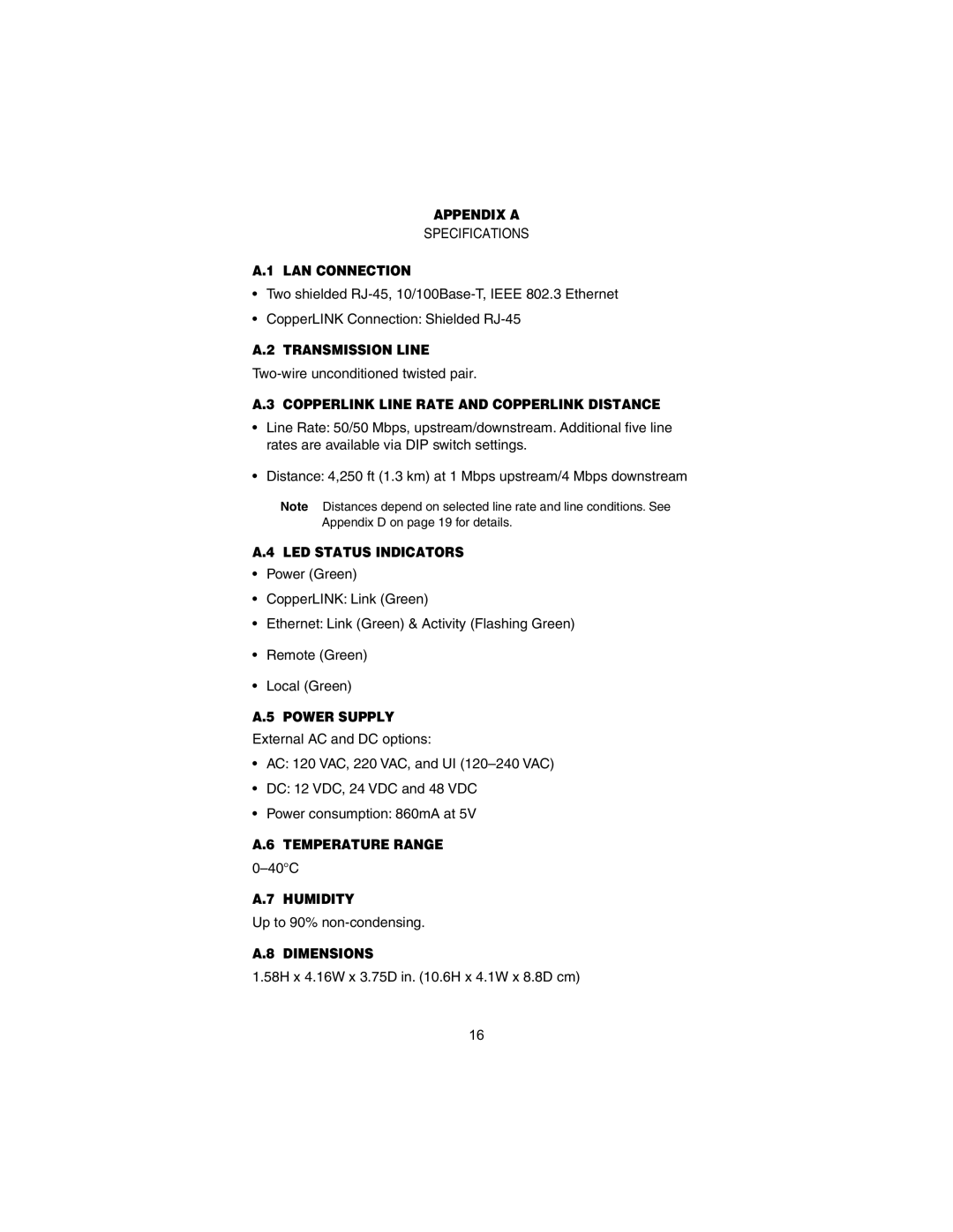 Patton electronic 2172A Appendix a, LAN Connection, Transmission Line, Copperlink Line Rate and Copperlink Distance 