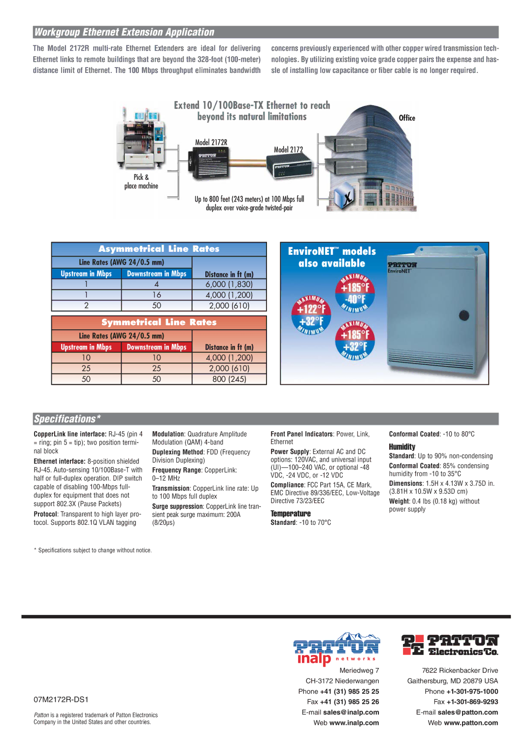 Patton electronic 2172R manual Asymmetrical Line Rates, Symmetrical Line Rates 