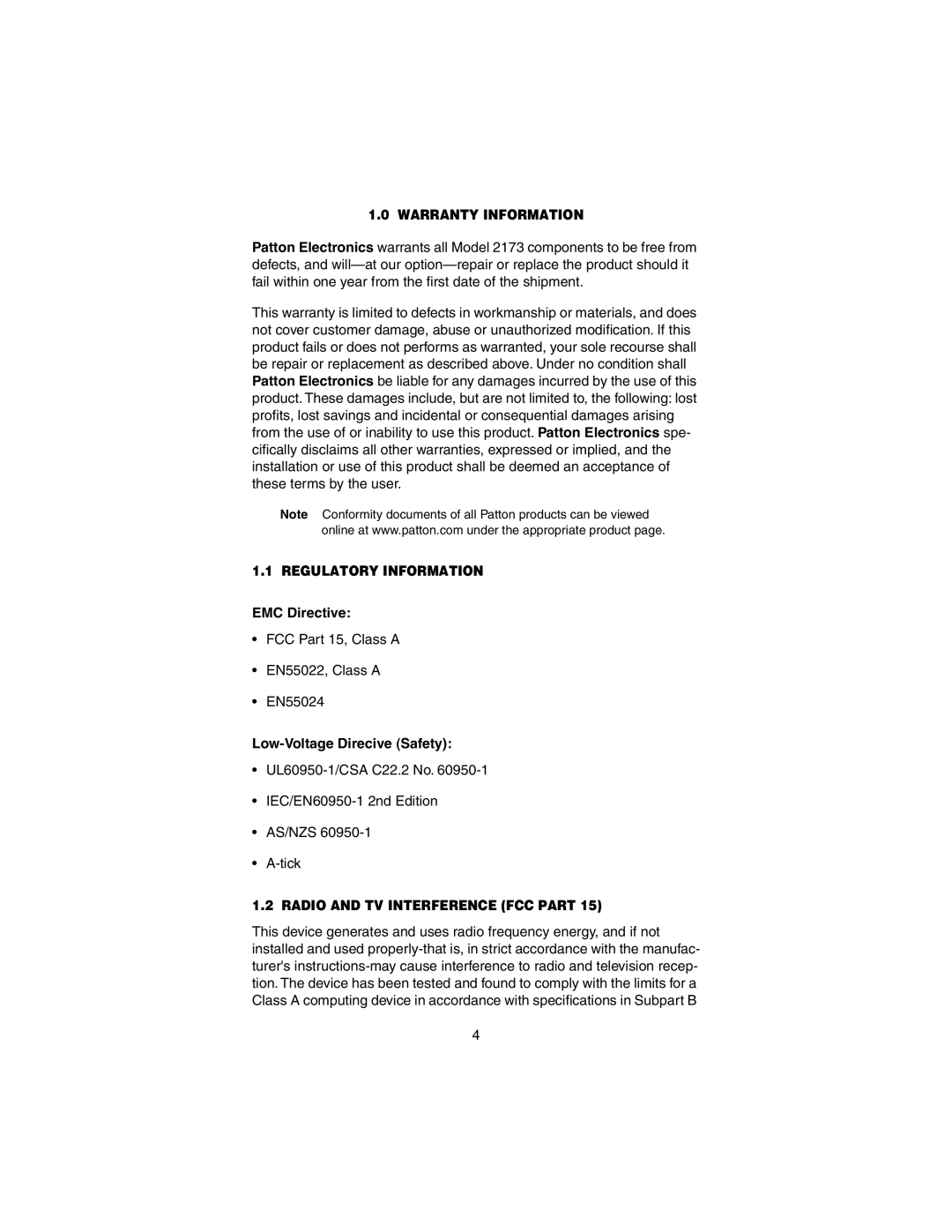 Patton electronic 2173 user manual Warranty Information, Regulatory Information, Radio and TV Interference FCC Part 