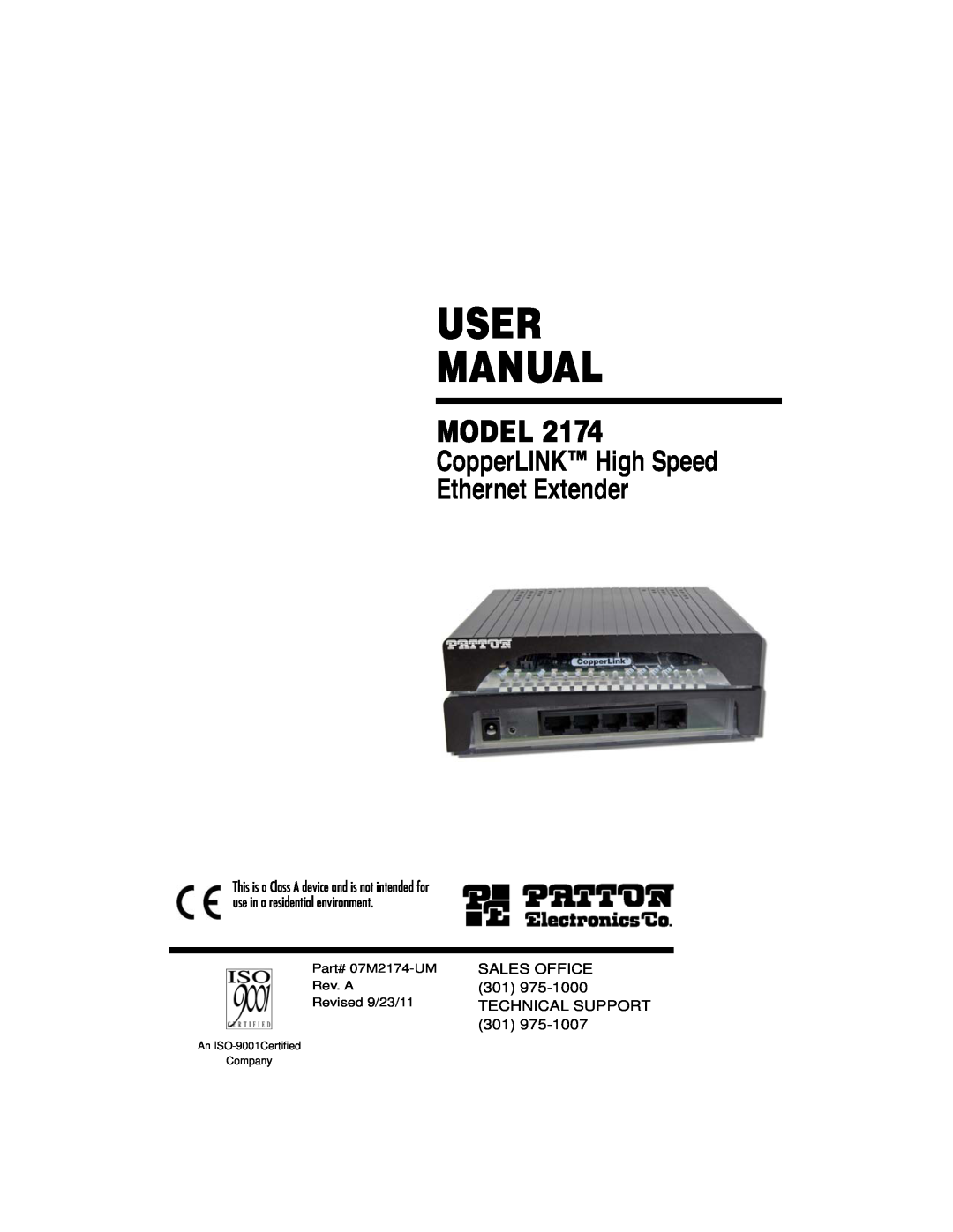 Patton electronic 2174 user manual User Manual, Model, CopperLINK High Speed Ethernet Extender 