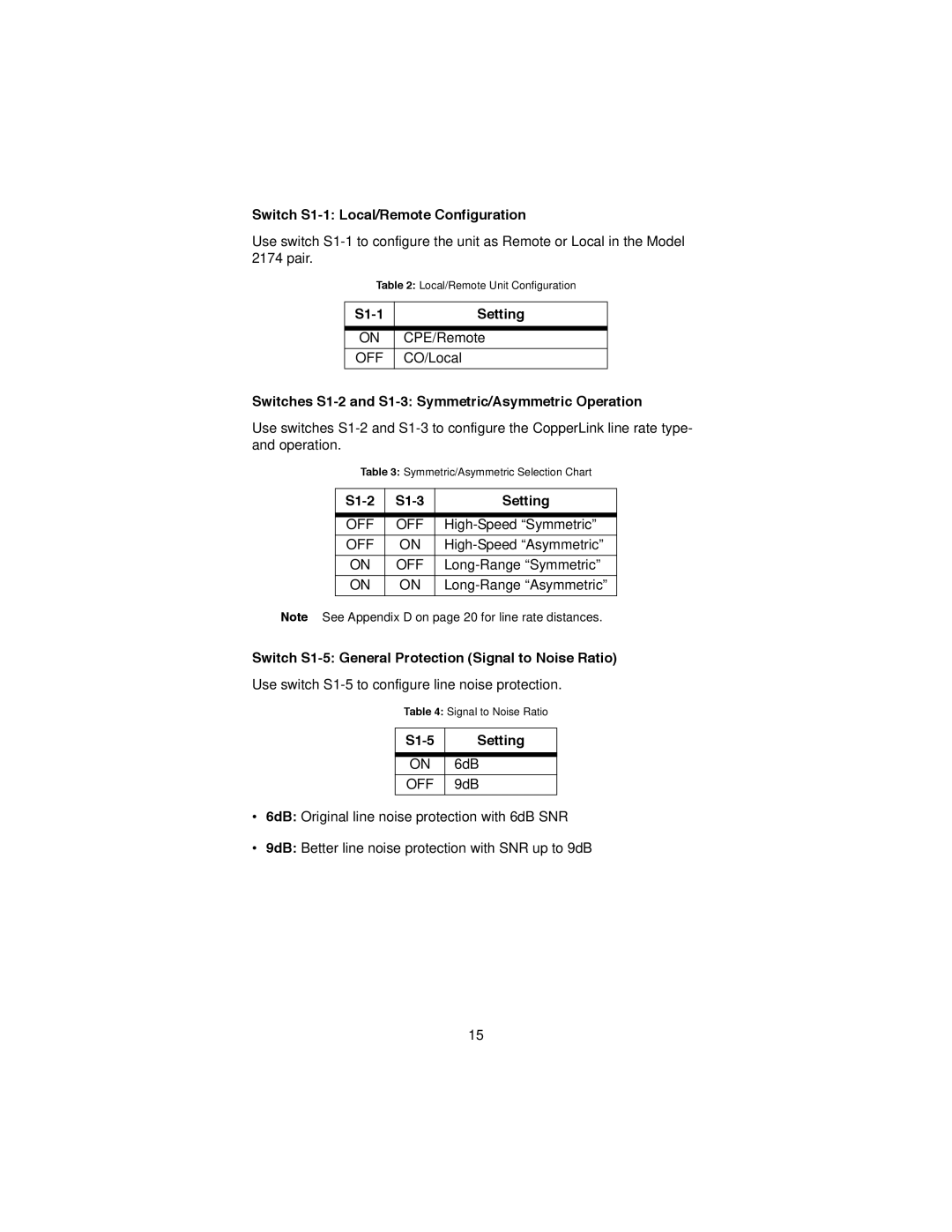 Patton electronic 2174 user manual Switch S1-1 Local/Remote Configuration, S1-1 Setting, S1-2 S1-3 Setting, S1-5 Setting 