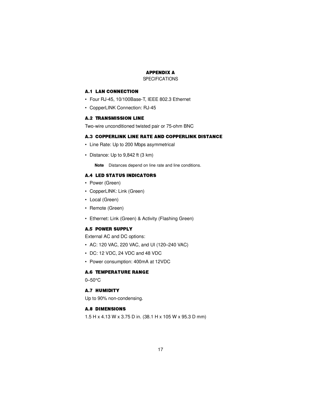 Patton electronic 2174 Appendix a, LAN Connection, Transmission Line, Copperlink Line Rate and Copperlink Distance 