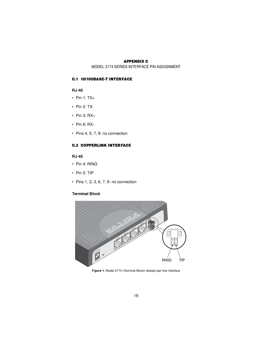 Patton electronic 2174 user manual Appendix C, 10/100BASE-T Interface, RJ-45, Copperlink Interface, Terminal Block 